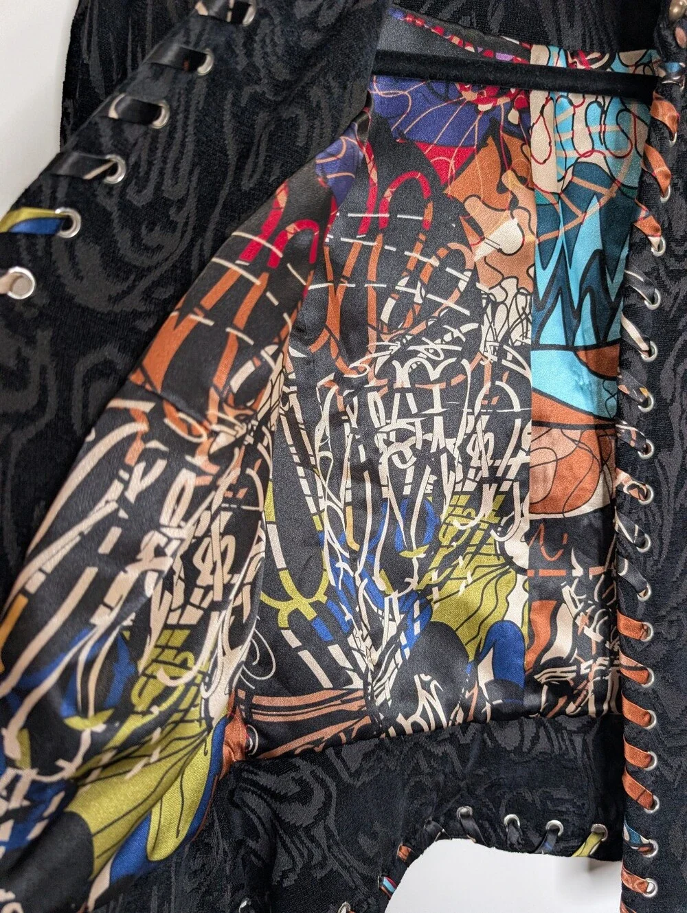Alberto Makali Black Jacquard Embellished Lace-Up Jacket Blazer Art-to-Wear
